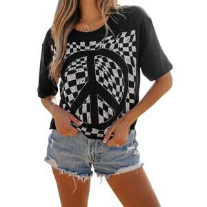 Black Checkerboard Printed Peace Sign Short Sleeve Top New S, M,  XL